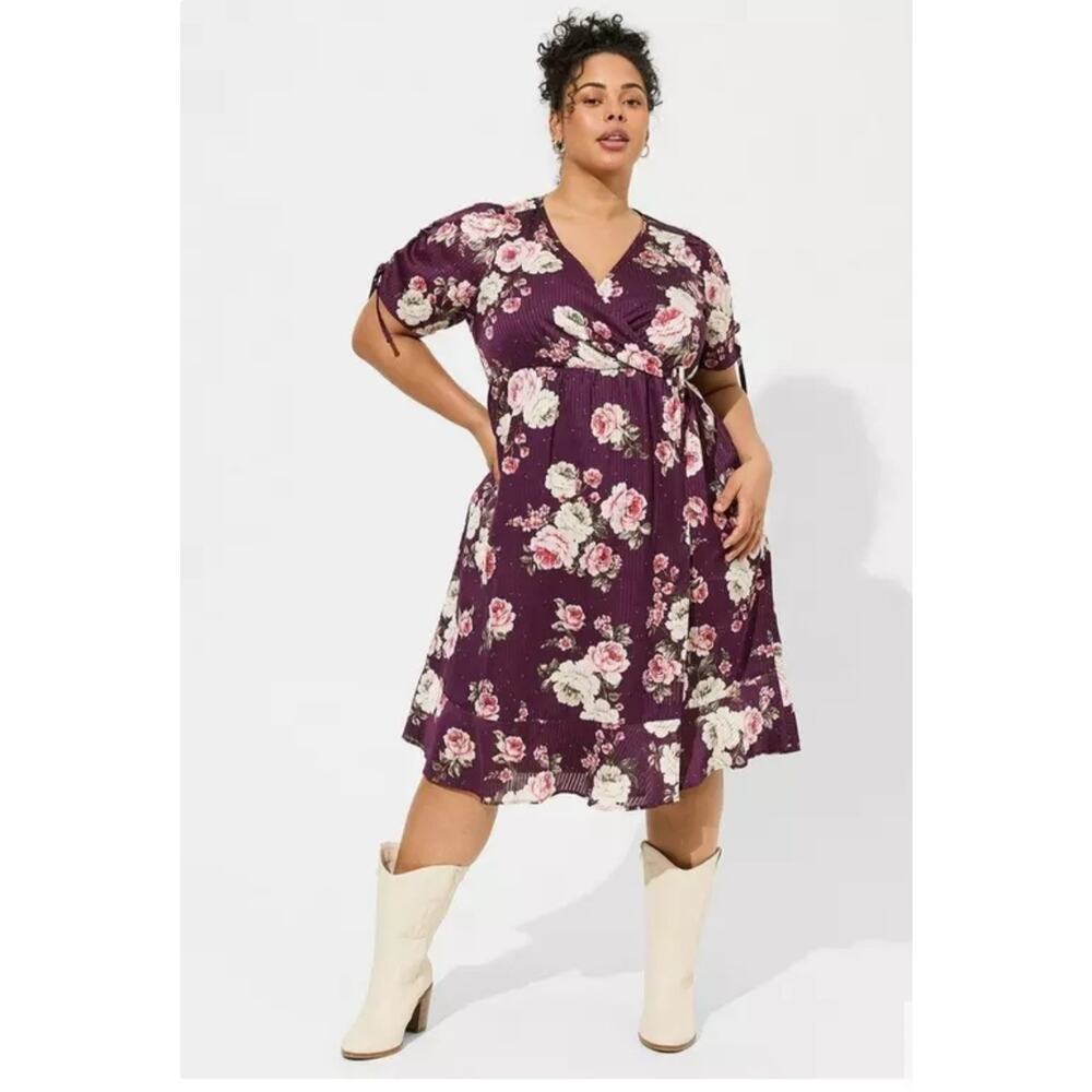 Torrid Womens Purple Floral Dobby Satin Surplice Wrap Midi Dress Plus Size 2XL - Picture 2 of 15